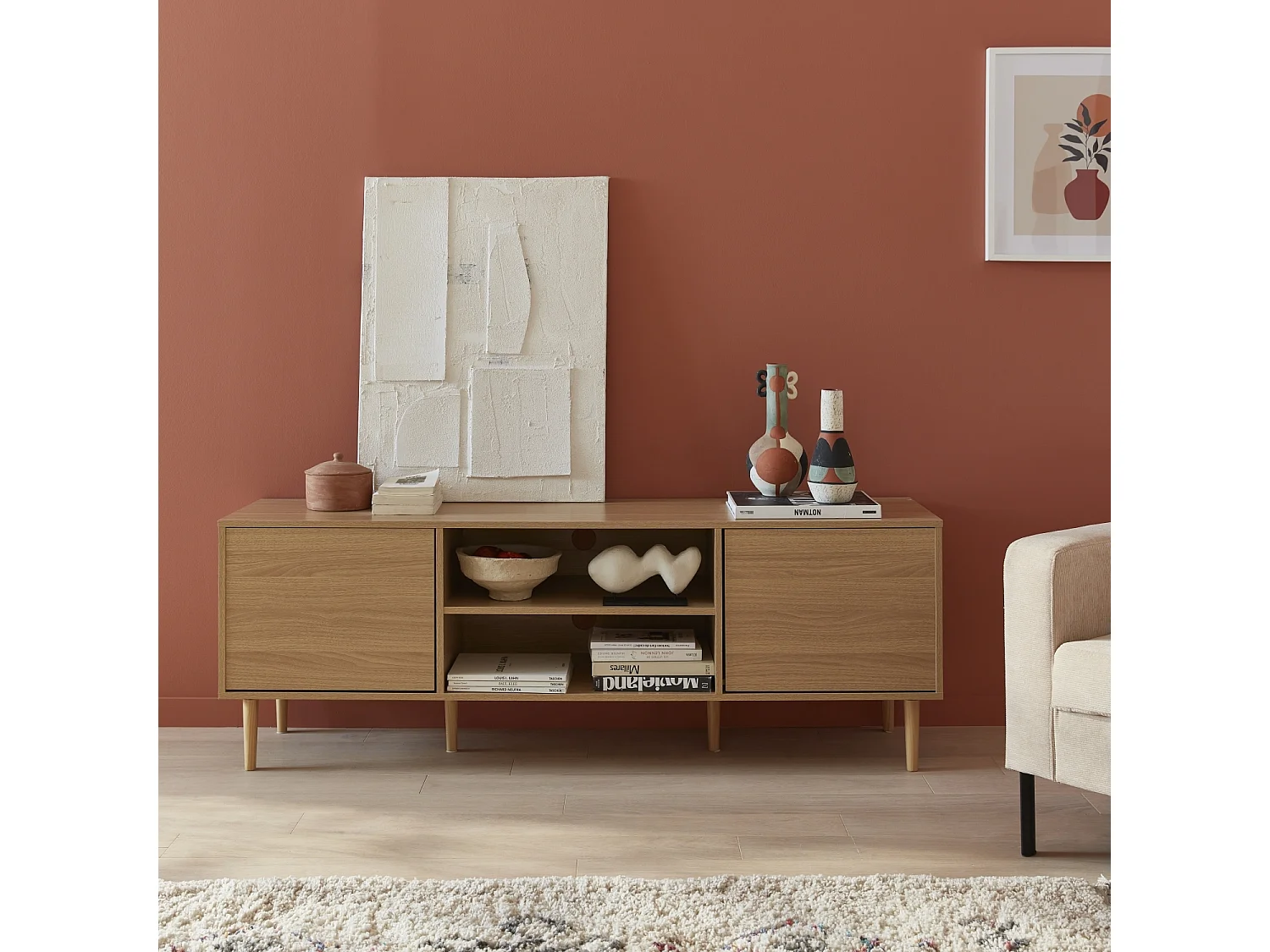 Meuble TV décor bois - Mika - 2 niveaux. 3 étagères. 2 portes. L 160 x l 40 x H 56cm