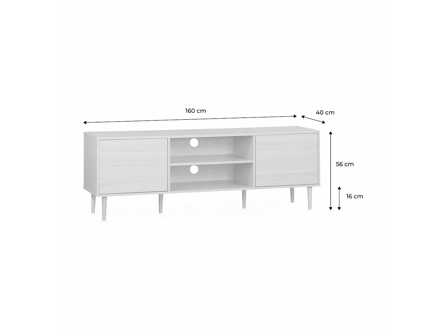 Meuble TV décor bois - Mika - 2 niveaux. 3 étagères. 2 portes. L 160 x l 40 x H 56cm
