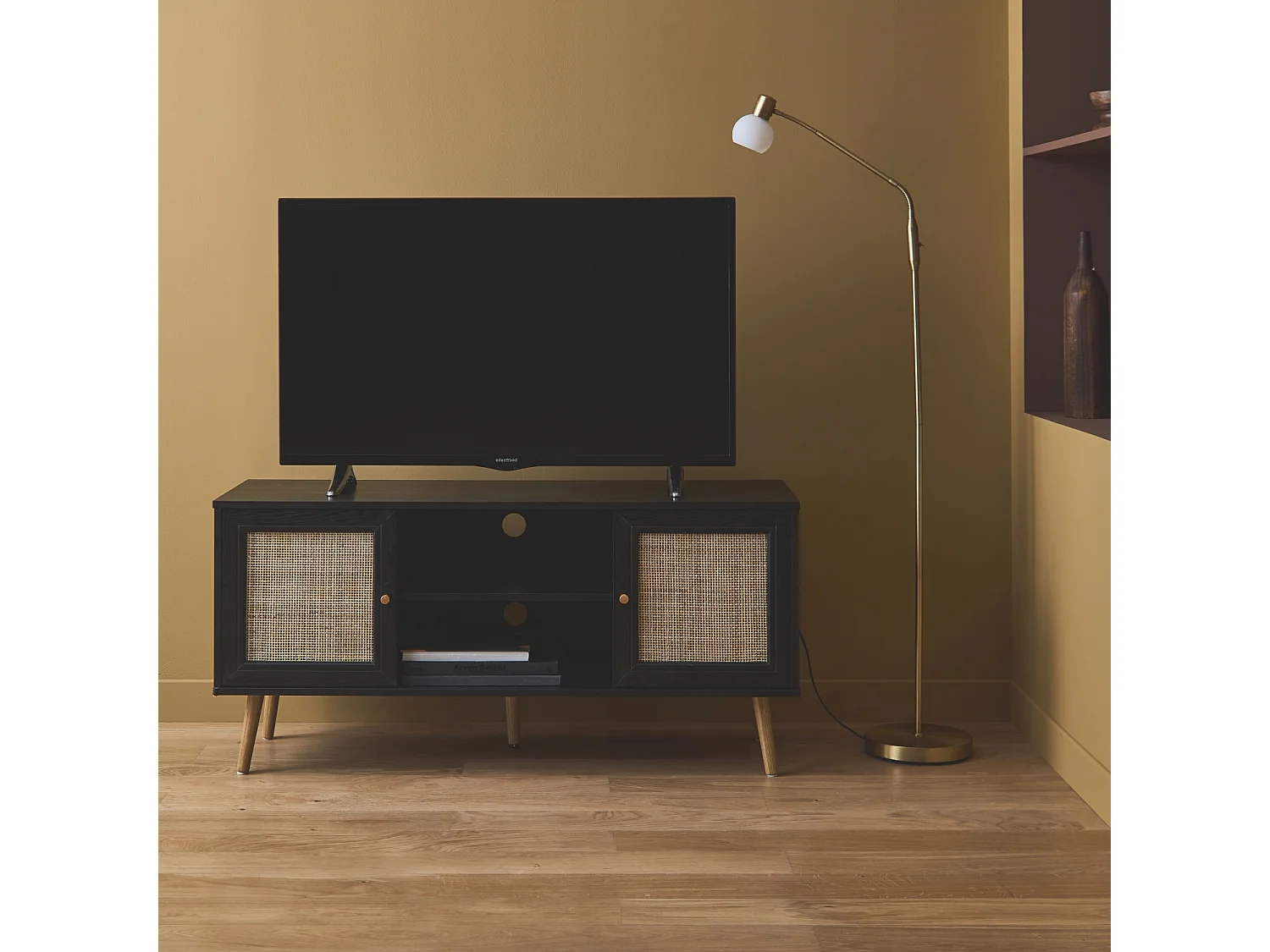 Mueble tv de caña trenzada, 120cm negro