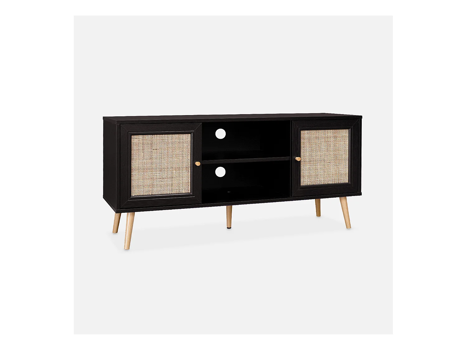 Meuble TV en cannage 120x39x56.5cm -  Bohème - Noir. 2 niveaux. 2 étagères. 2 portes. pieds scandinaves