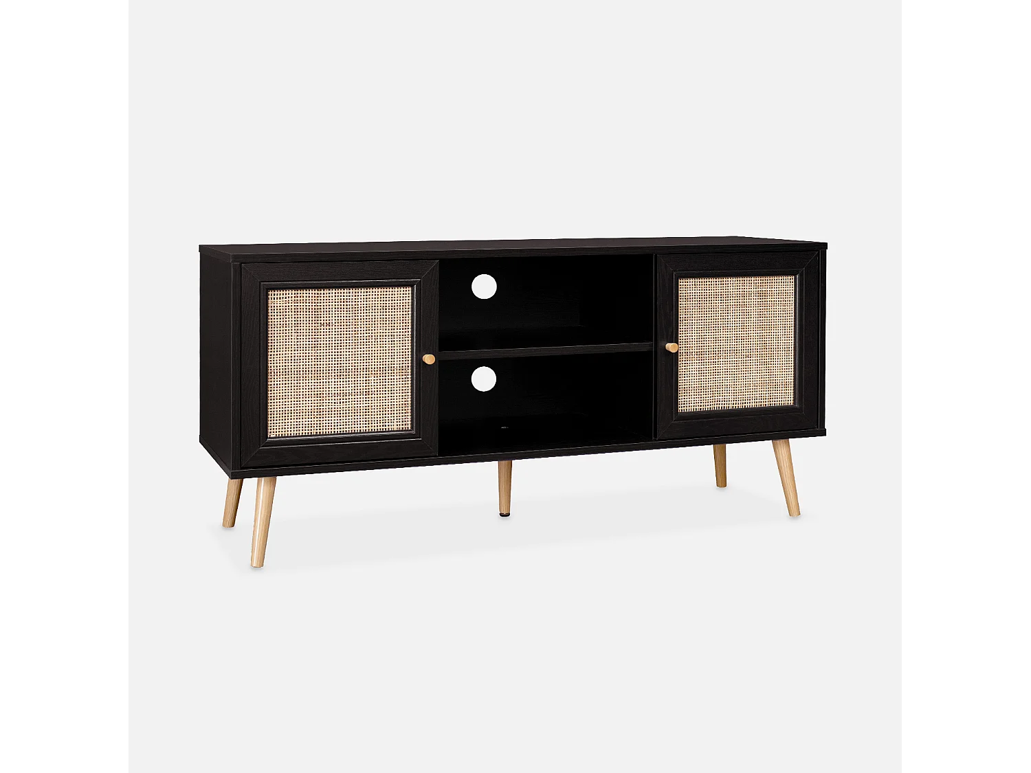 Meuble TV en cannage 120x39x56.5cm -  Bohème - Noir. 2 niveaux. 2 étagères. 2 portes. pieds scandinaves