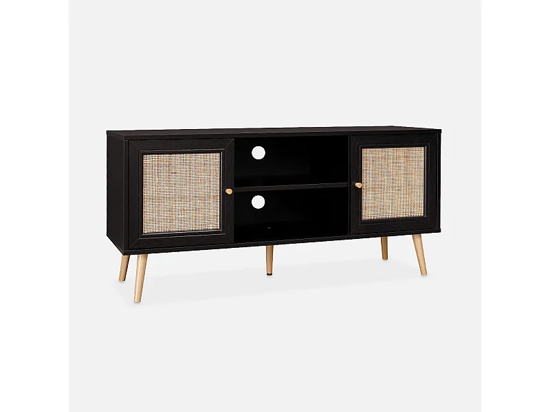 Meuble TV en cannage 120x39x56.5cm -  Bohème - Noir. 2 niveaux. 2 étagères. 2 portes. pieds scandinaves