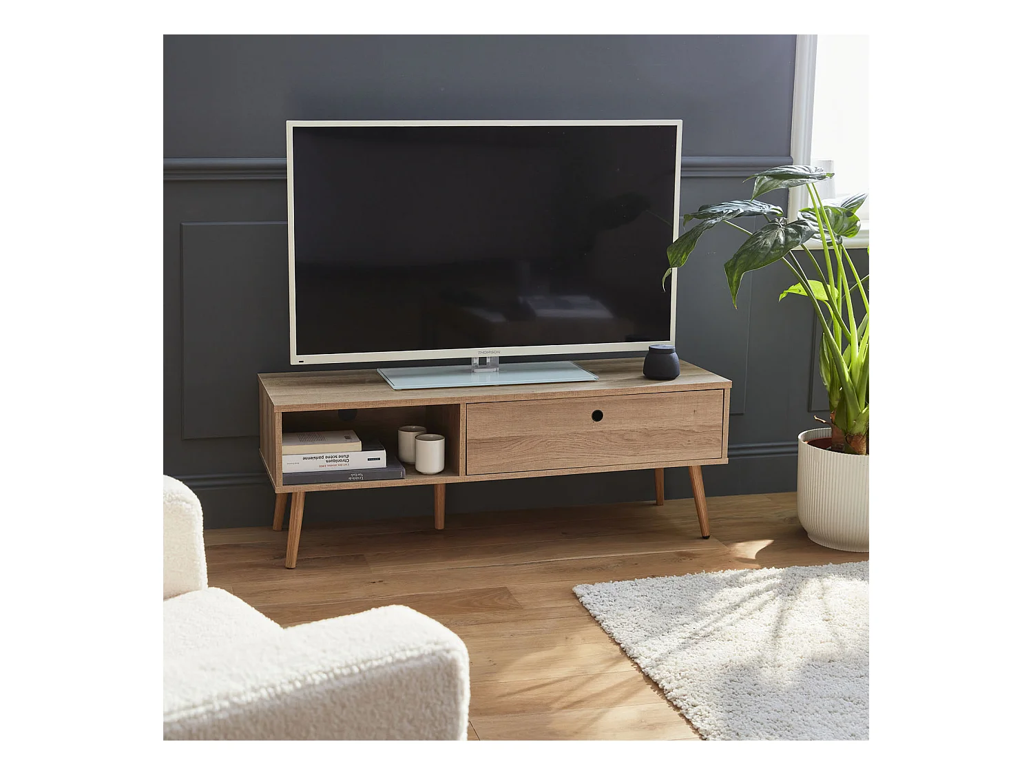Meuble TV en décor bois 120x39x43cm - Scandi - 1 tiroir. 1 espace de rangement