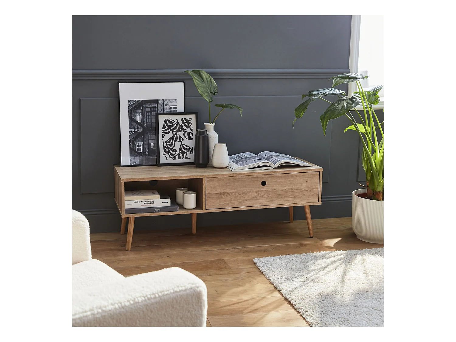 Meuble TV en décor bois 120x39x43cm - Scandi - 1 tiroir. 1 espace de rangement