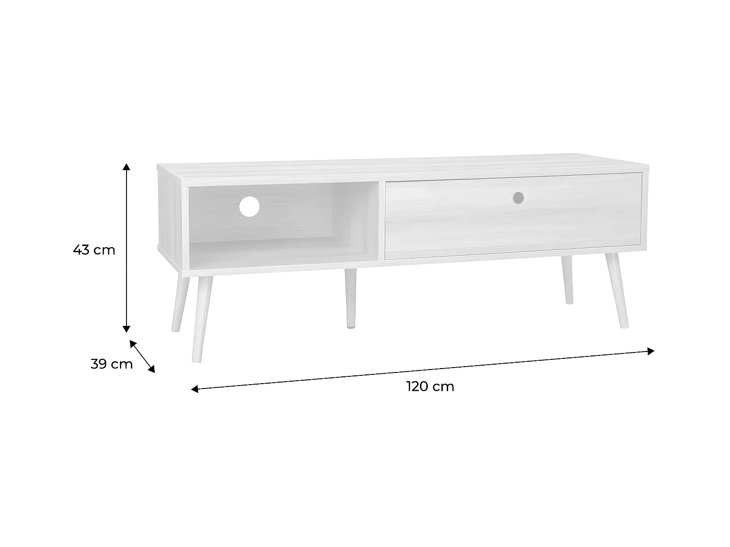 Meuble TV en décor bois 120x39x43cm - Scandi - 1 tiroir. 1 espace de rangement