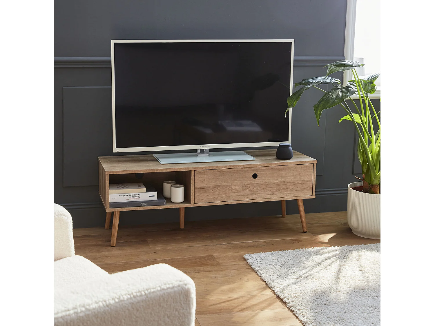 Meuble TV en décor bois 120x39x43cm - Scandi - 1 tiroir. 1 espace de rangement