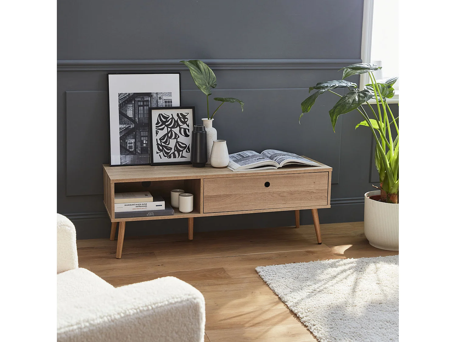 Meuble TV en décor bois 120x39x43cm - Scandi - 1 tiroir. 1 espace de rangement