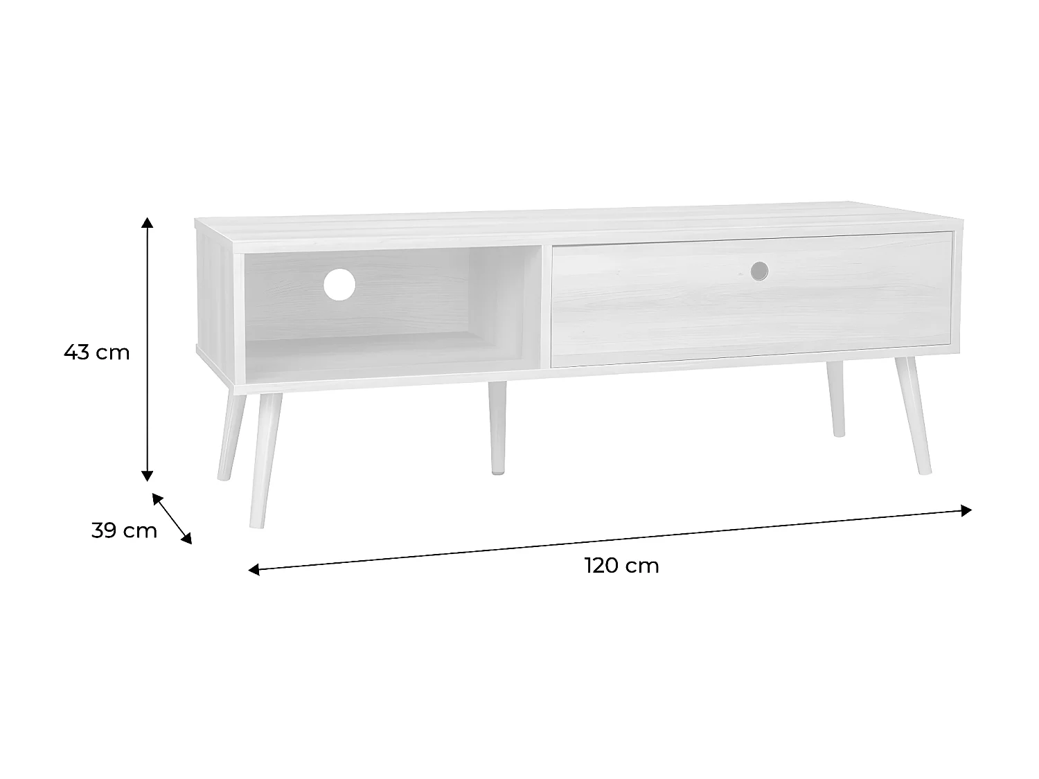Meuble TV en décor bois 120x39x43cm - Scandi - 1 tiroir. 1 espace de rangement