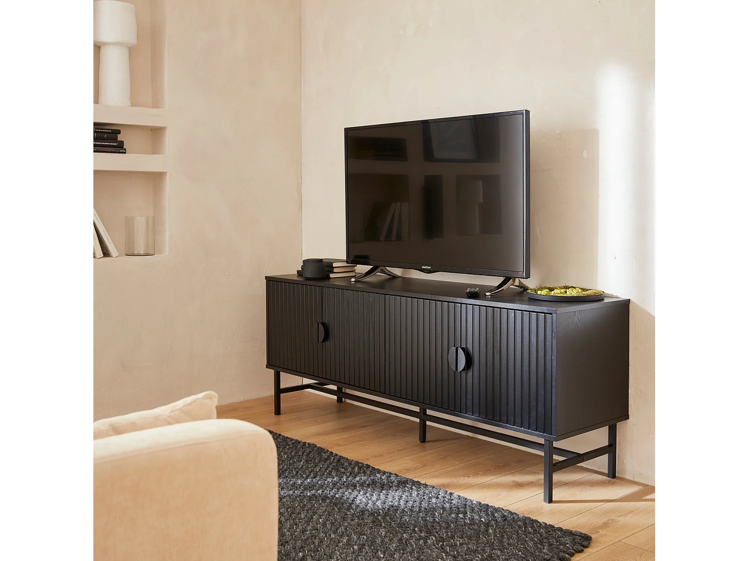 Mueble tv con efecto madera, 160cm negro