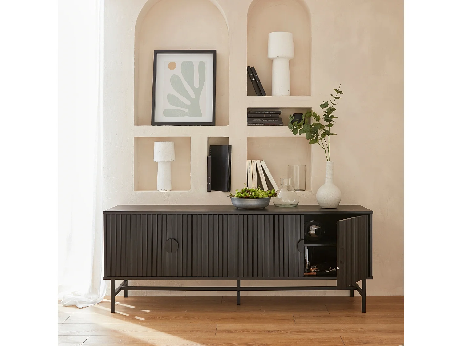 Mueble tv con efecto madera, 160cm negro