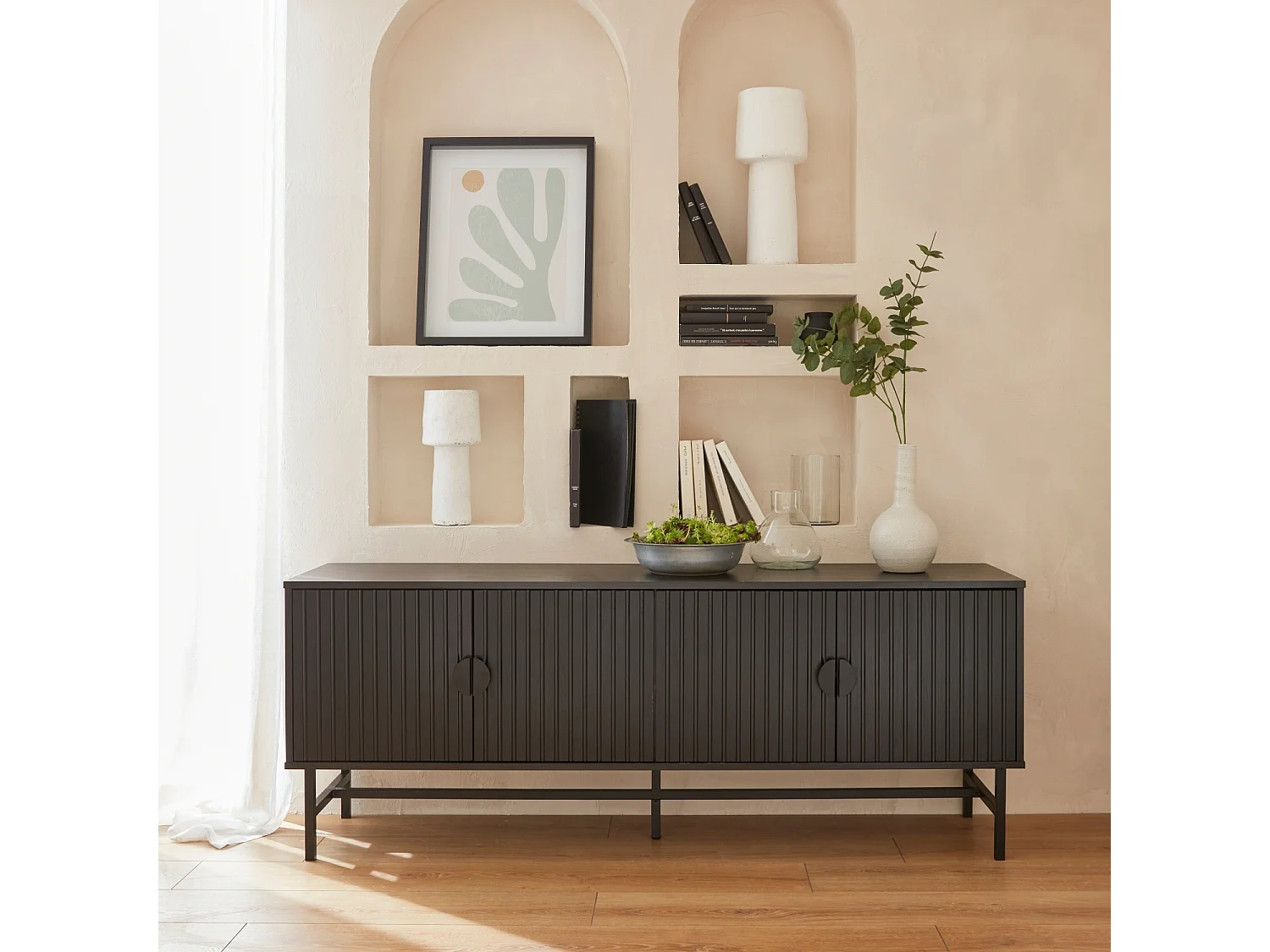 Mueble tv con efecto madera, 160cm negro
