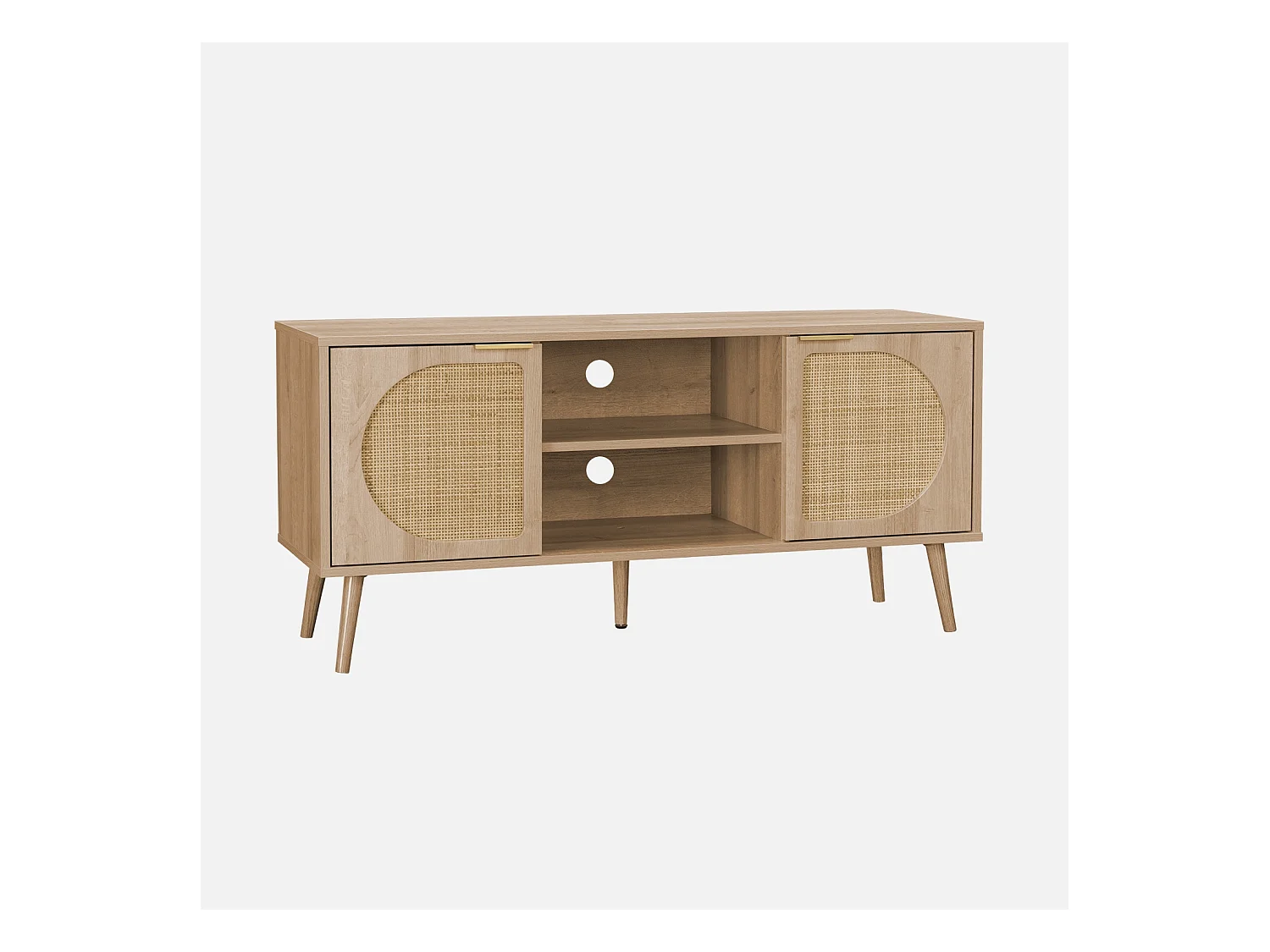 Meuble TV. Eva. décor bois et cannage arrondi 2 portes. 1 étagère L120 x l39 x H56.5cm