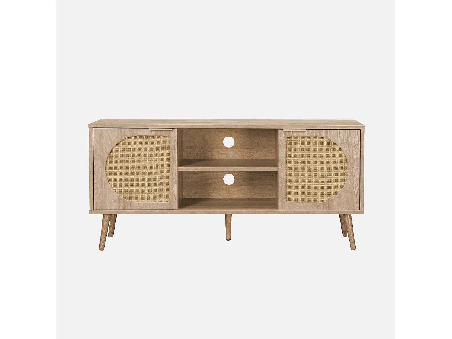 Meuble TV. Eva. décor bois et cannage arrondi 2 portes. 1 étagère L120 x l39 x H56.5cm