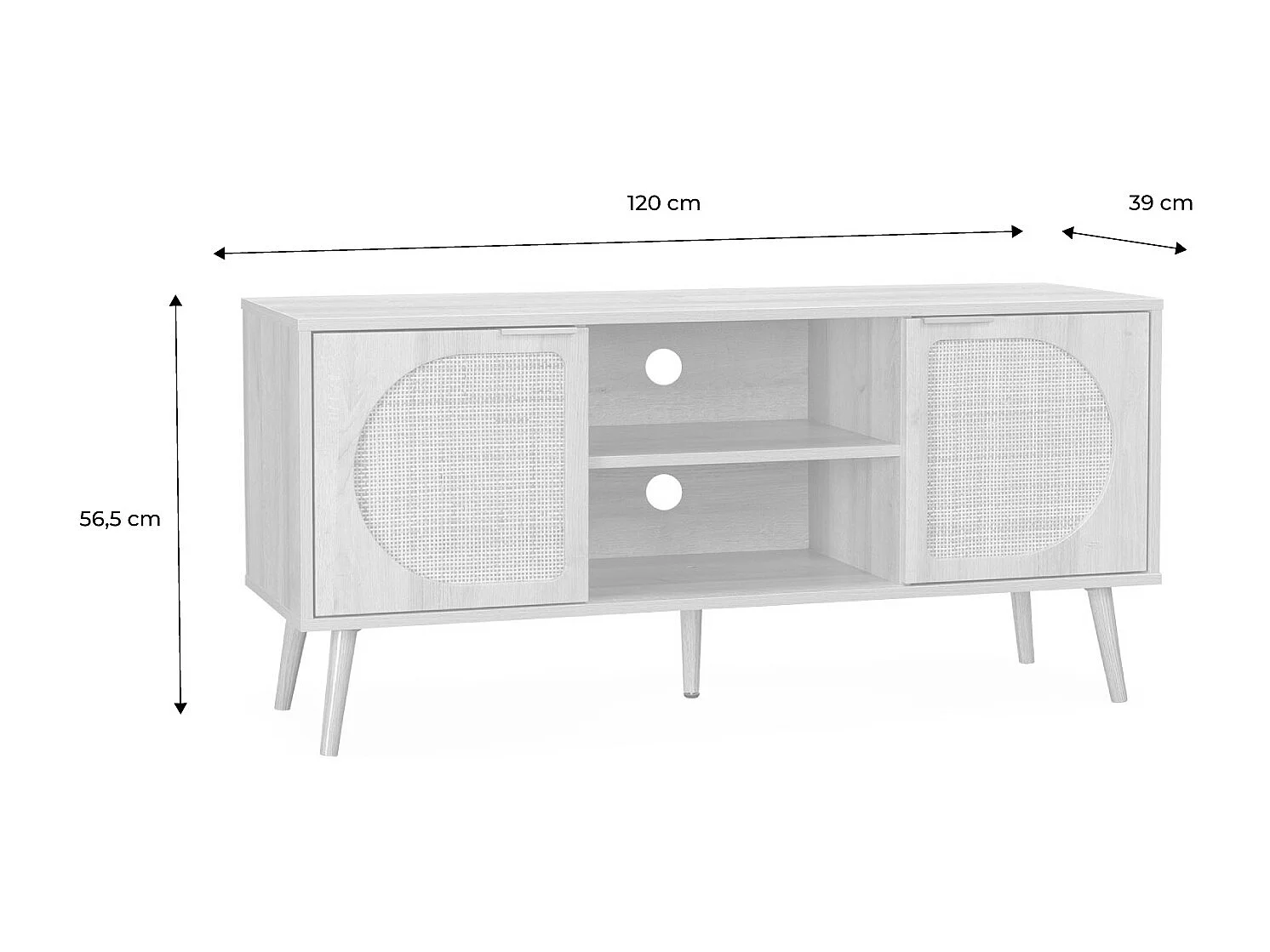 Meuble TV. Eva. décor bois et cannage arrondi 2 portes. 1 étagère L120 x l39 x H56.5cm