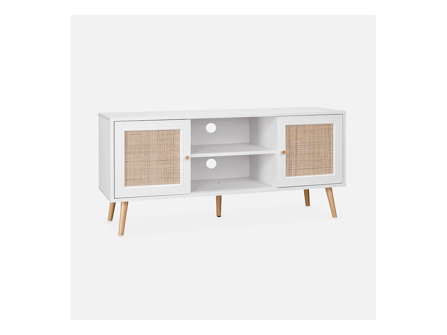 Meuble TV en cannage 120x39x56.5cm -  Bohème - Blanc. 2 niveaux. 2 étagères. 2 portes. pieds scandinaves