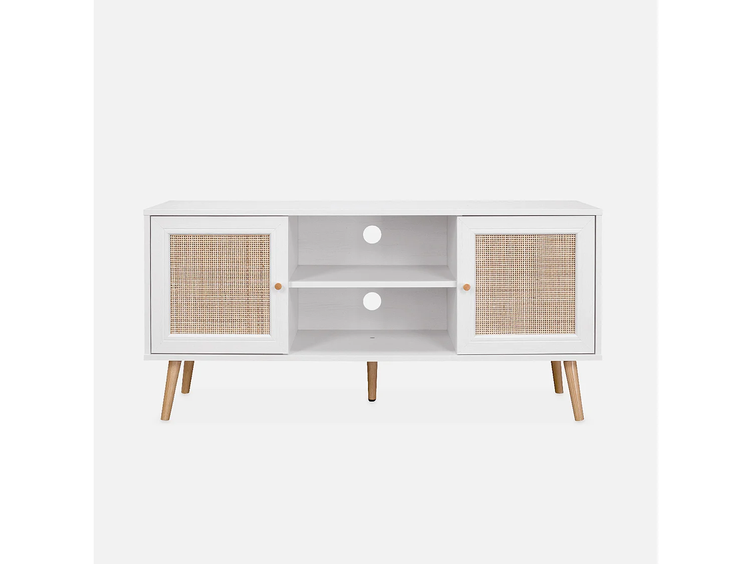 Meuble TV en cannage 120x39x56.5cm -  Bohème - Blanc. 2 niveaux. 2 étagères. 2 portes. pieds scandinaves