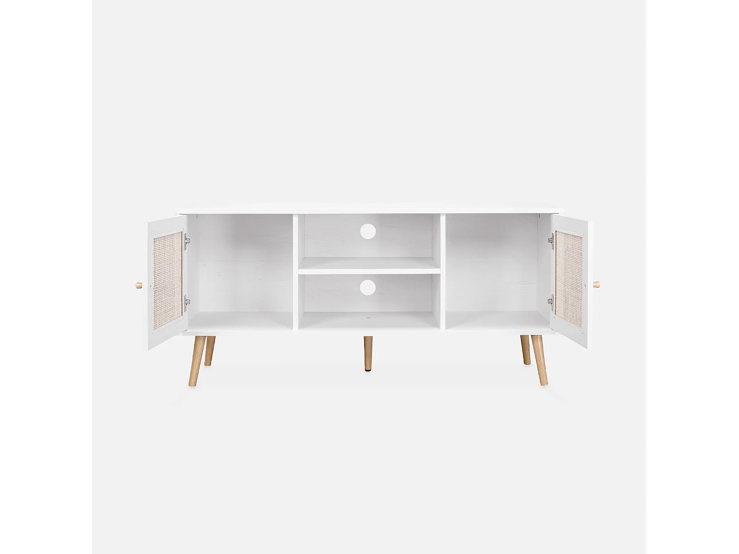 Meuble TV en cannage 120x39x56.5cm -  Bohème - Blanc. 2 niveaux. 2 étagères. 2 portes. pieds scandinaves