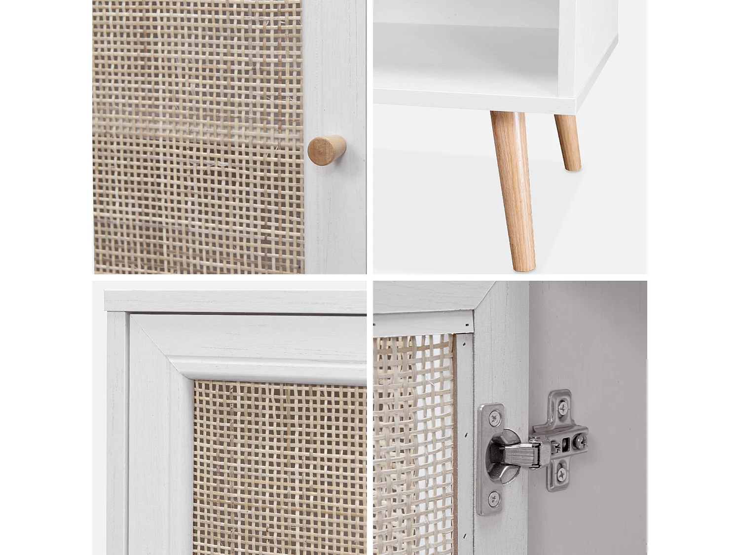 Meuble TV en cannage 120x39x56.5cm -  Bohème - Blanc. 2 niveaux. 2 étagères. 2 portes. pieds scandinaves