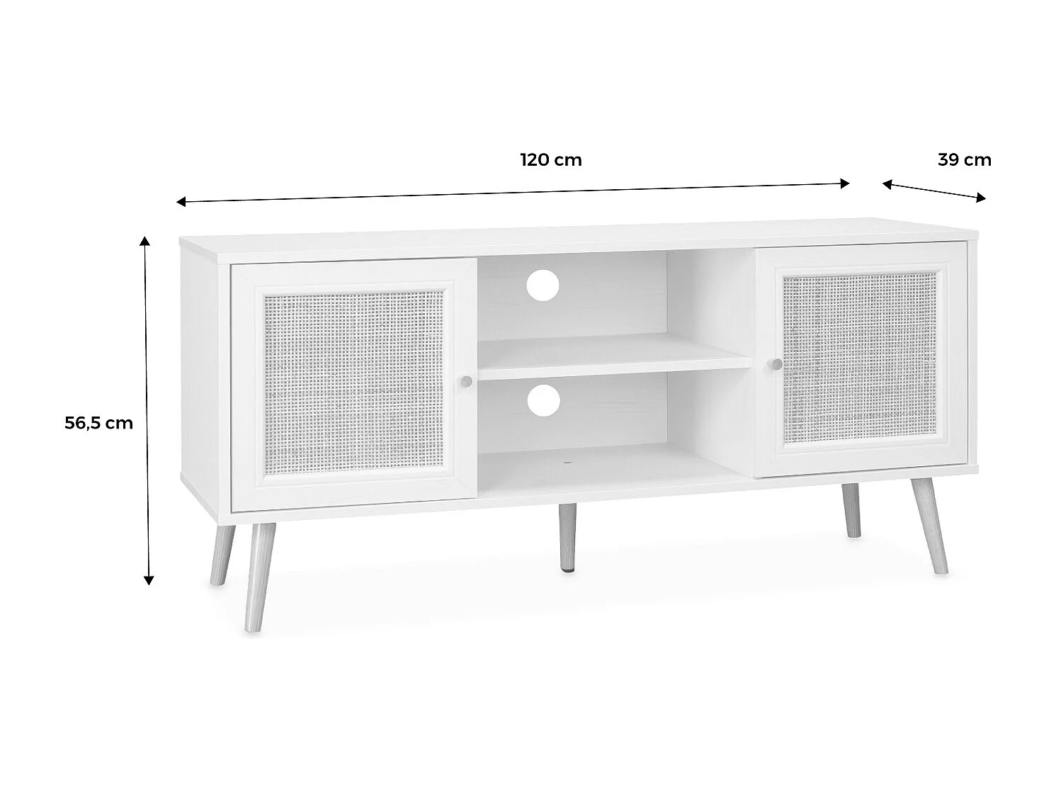 Meuble TV en cannage 120x39x56.5cm -  Bohème - Blanc. 2 niveaux. 2 étagères. 2 portes. pieds scandinaves