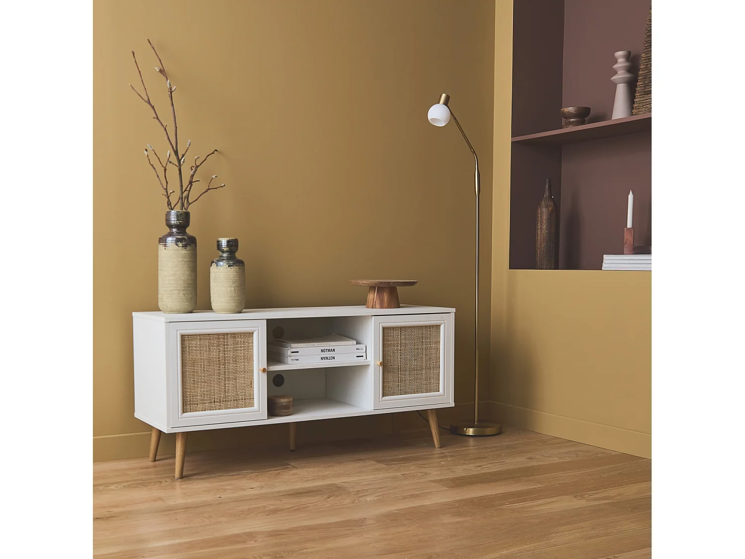 Mueble tv de caña trenzada, 120cm blanco