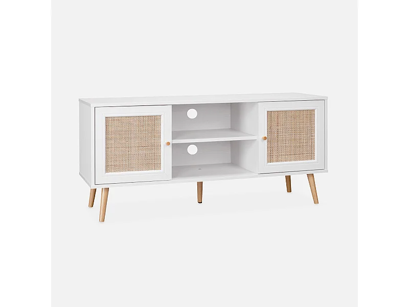 Meuble TV en cannage 120x39x56.5cm -  Bohème - Blanc. 2 niveaux. 2 étagères. 2 portes. pieds scandinaves
