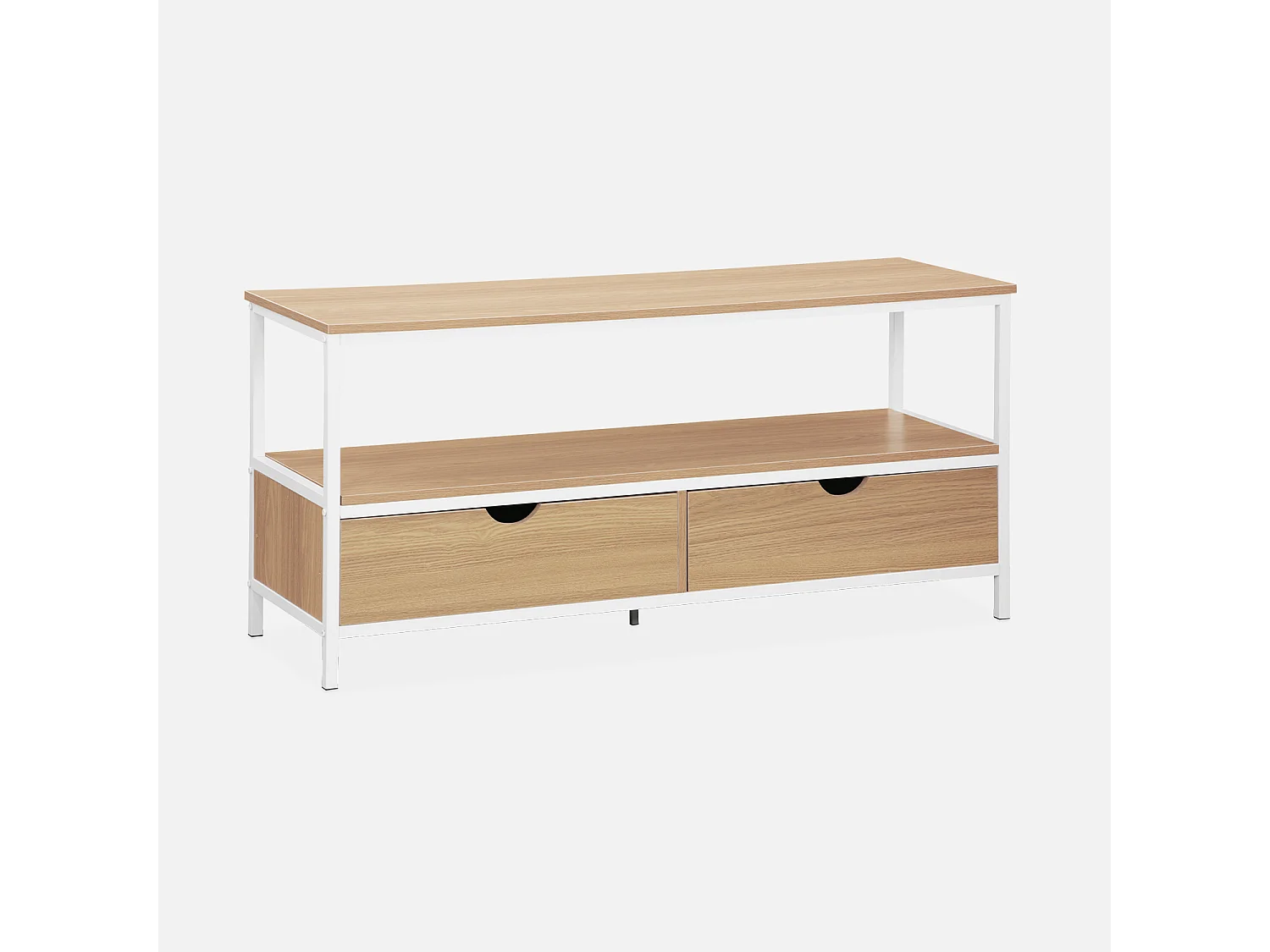 Meuble TV en décor bois et métal blanc mat 120x39x57cm - Loft - avec 2 tiroirs