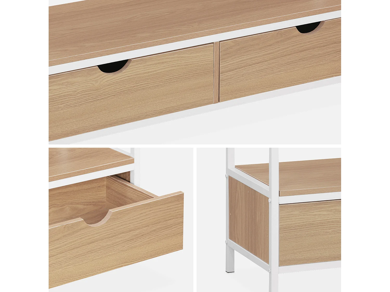 Meuble TV en décor bois et métal blanc mat 120x39x57cm - Loft - avec 2 tiroirs