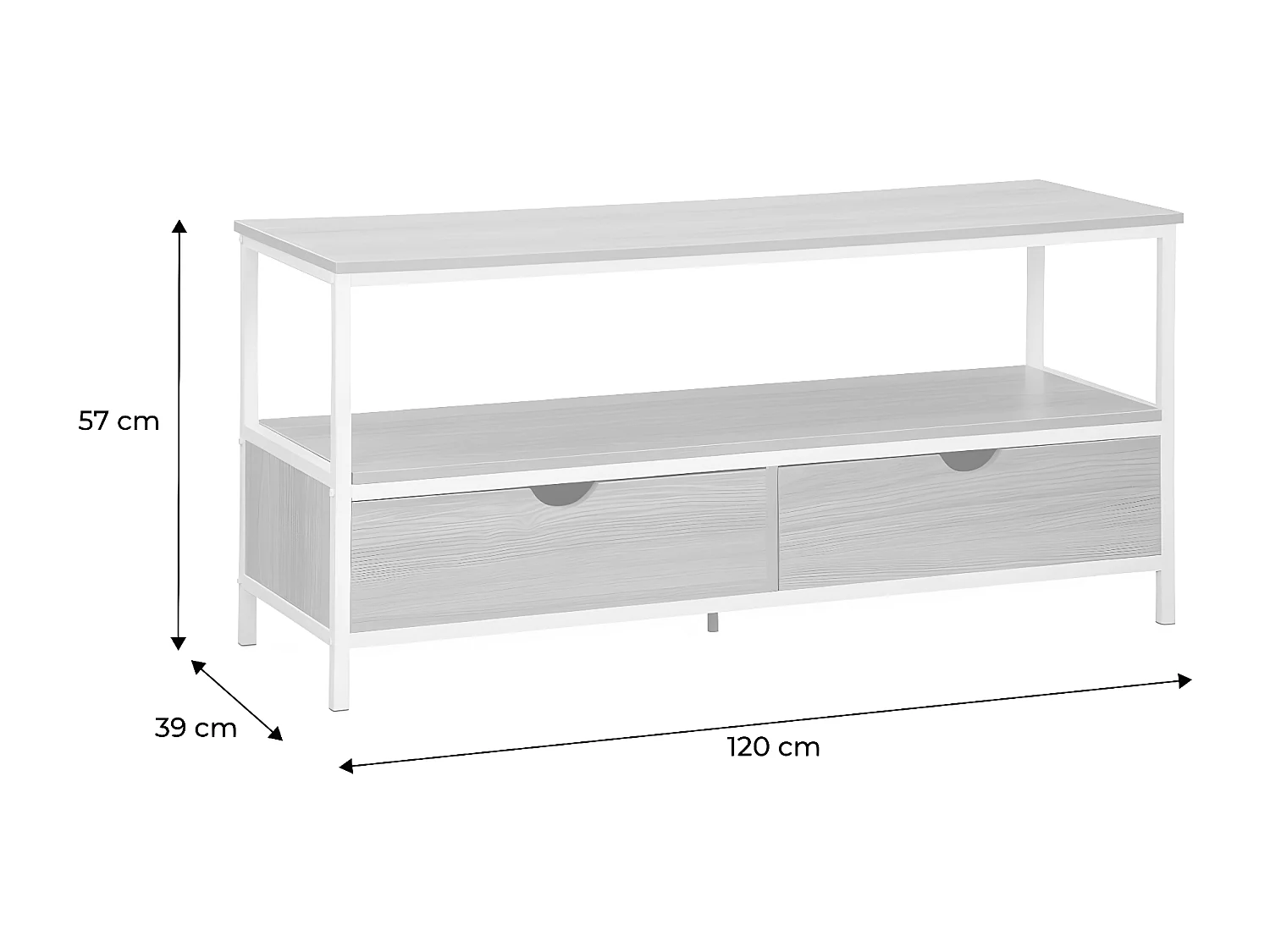 Meuble TV en décor bois et métal blanc mat 120x39x57cm - Loft - avec 2 tiroirs