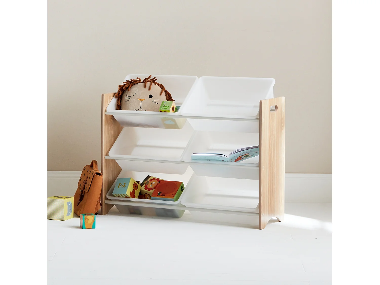 Meuble de rangement pour enfant avec 6 casiers - Tobias - MDF décor bois naturel. L 84 x P 29.5 x H 60cm