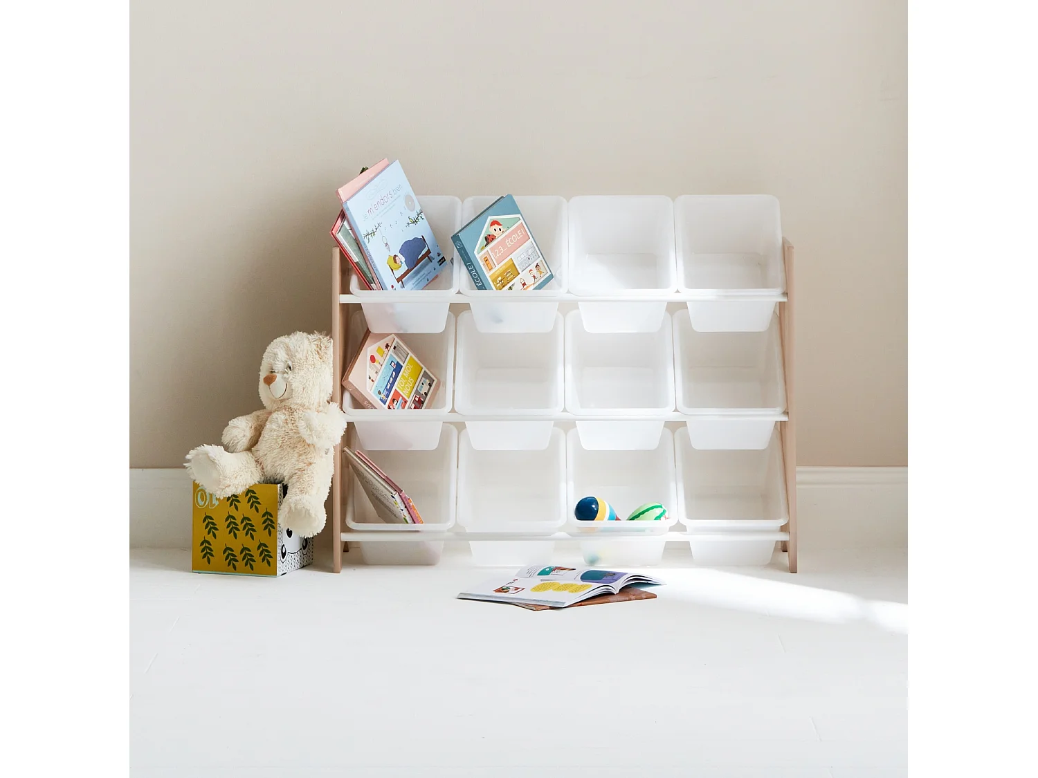 Almacenamiento infantil para juguetes, 12 compartimentos natural