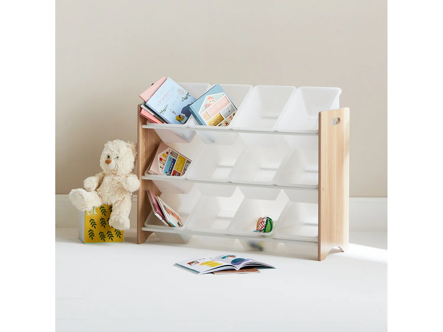 Almacenamiento infantil para juguetes, 12 compartimentos natural