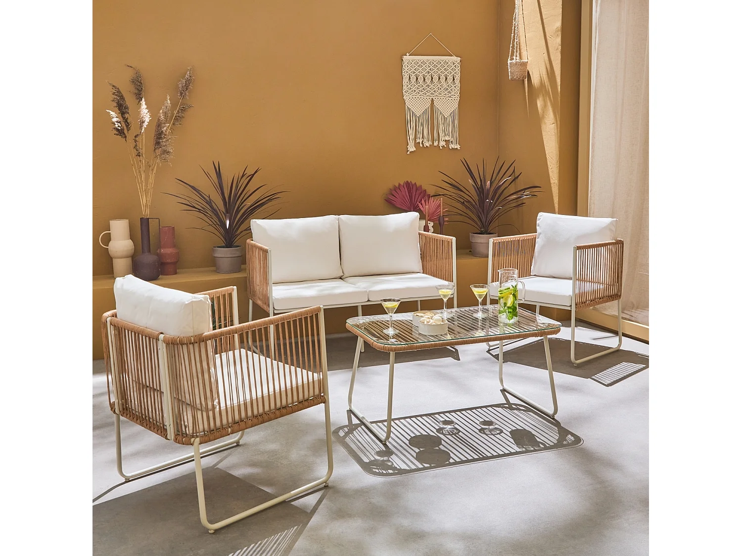 Conjunto de muebles de jardín, ratán y acero de 4 plazas natural