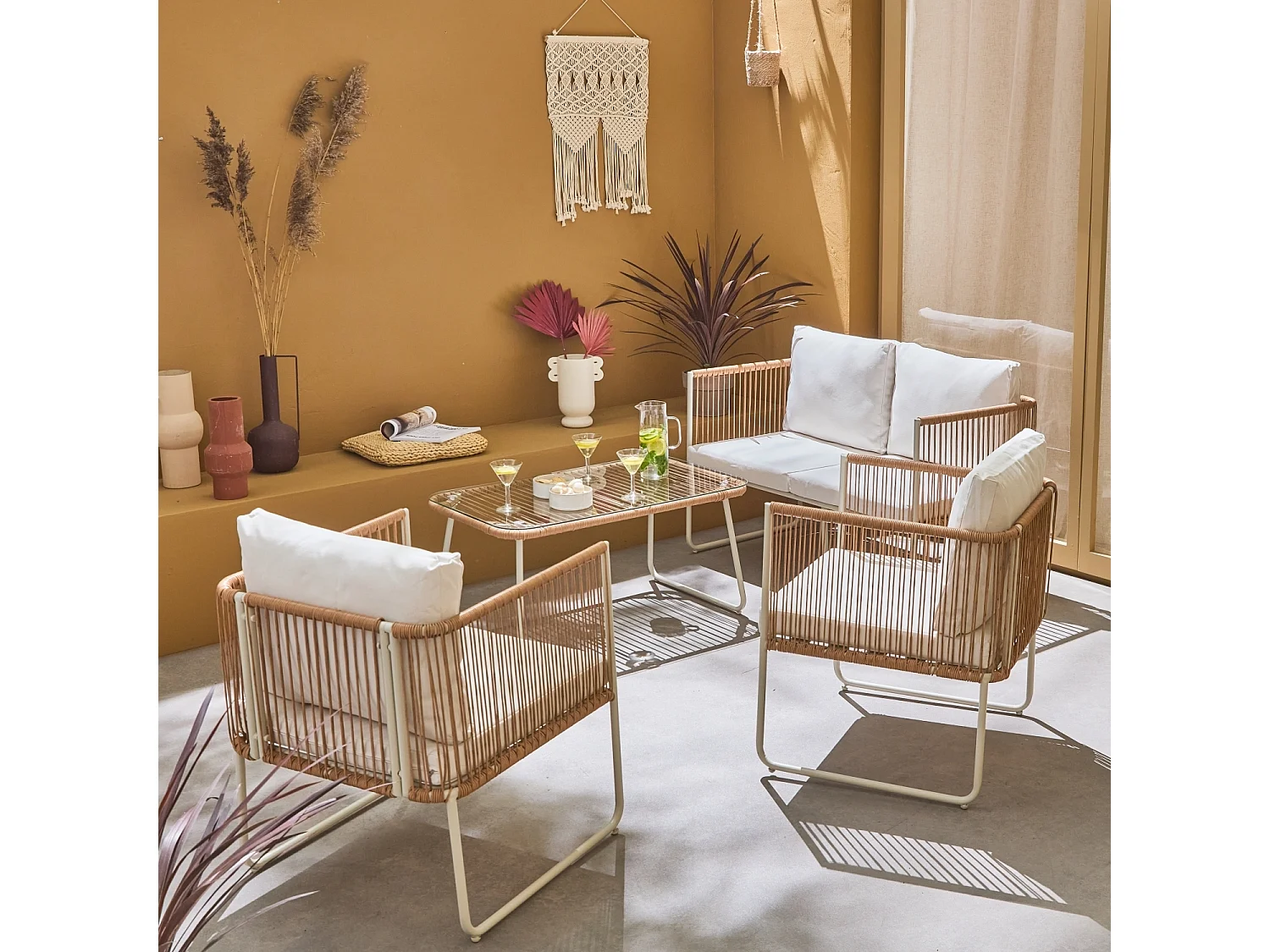 Conjunto de muebles de jardín, ratán y acero de 4 plazas natural