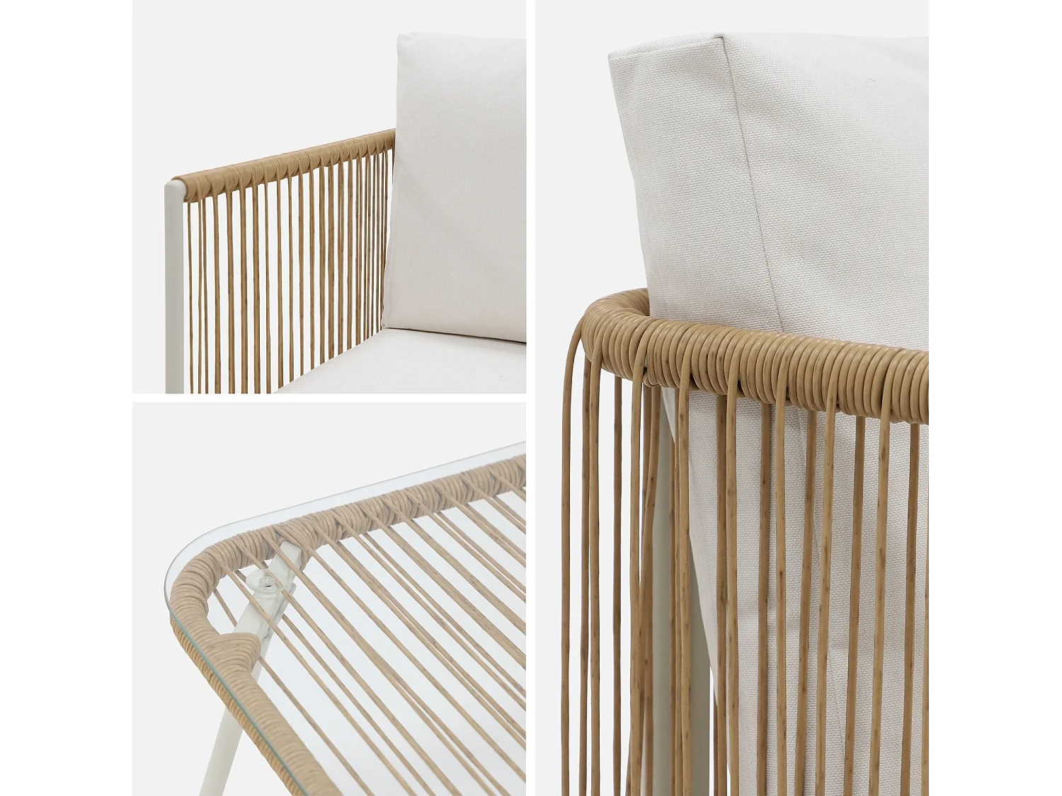 Salon de jardin en corde résine plastique et acier galvanisé. table basse en verre trempé. 4 places