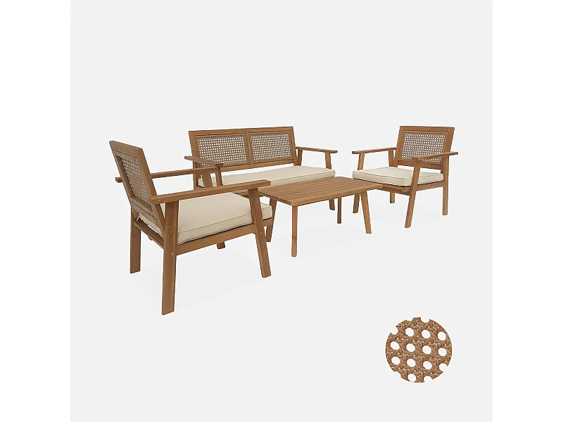 Conjunto de muebles de jardín de madera y caña redonda, 4 plazas