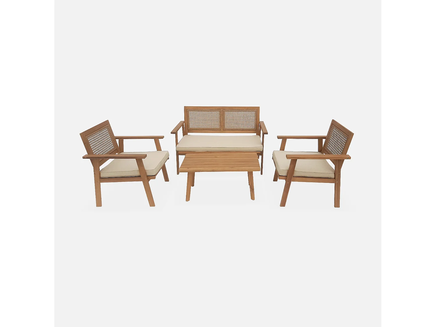 Conjunto de muebles de jardín de madera y caña redonda, 4 plazas