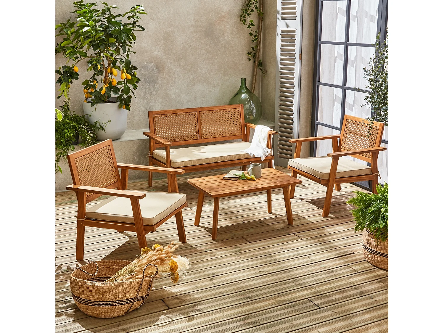 Conjunto de muebles de jardín de madera y caña redonda, 4 plazas