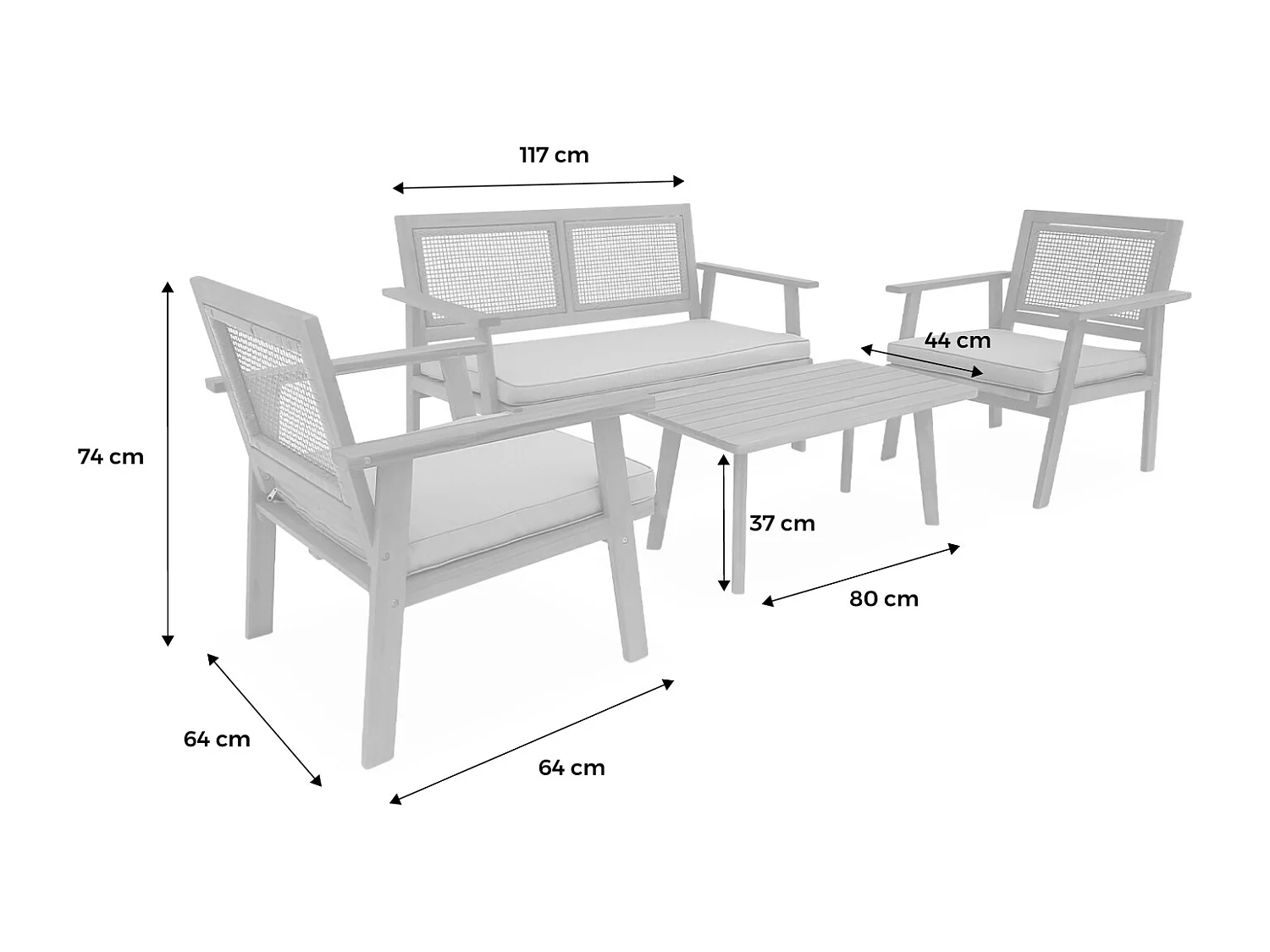 Conjunto de muebles de jardín de madera y caña redonda, 4 plazas