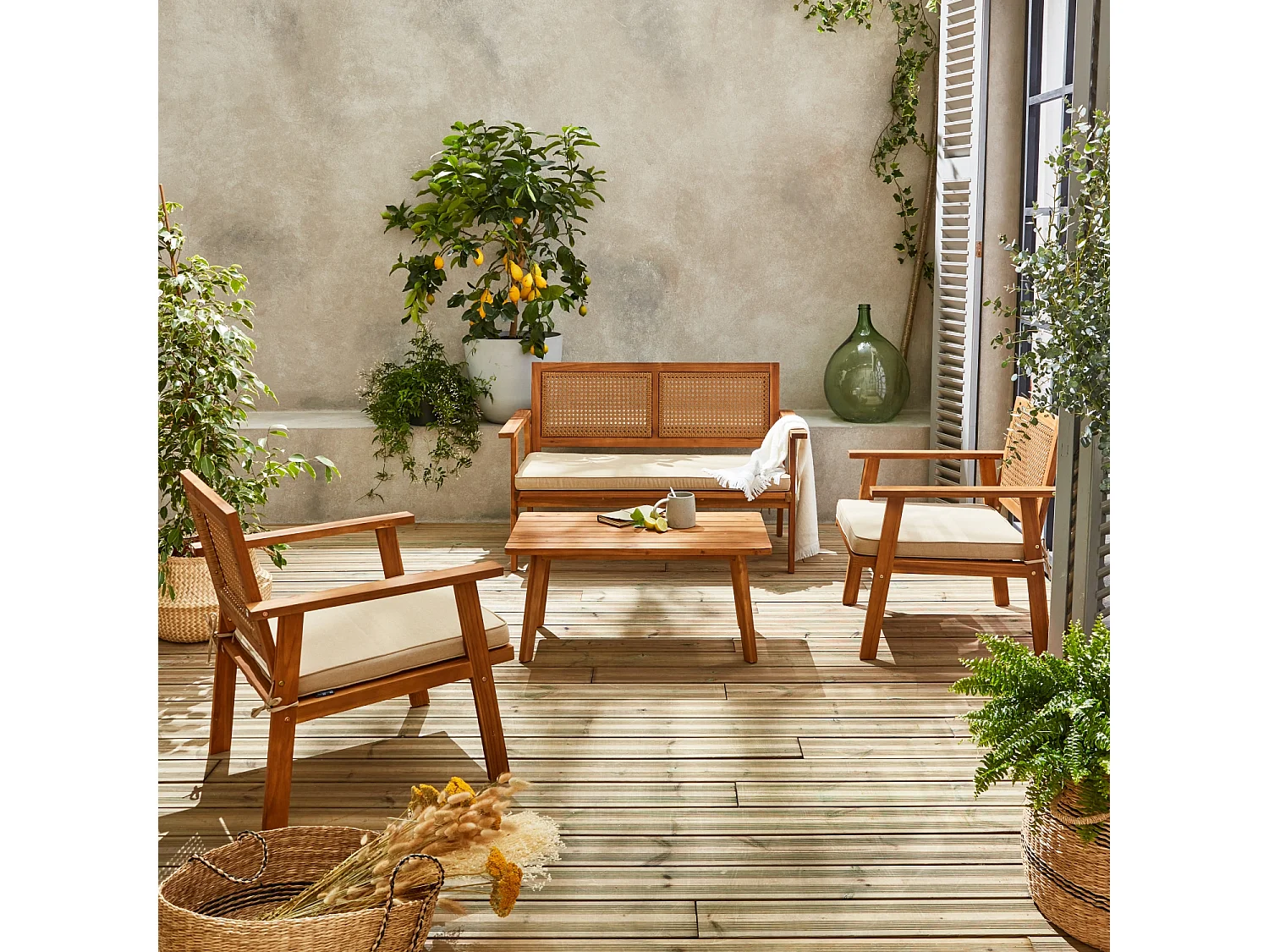 Conjunto de muebles de jardín de madera y caña redonda, 4 plazas