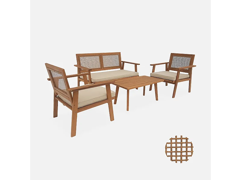 Conjunto de muebles de jardín en madera y caña cuadrada, 4 plazas