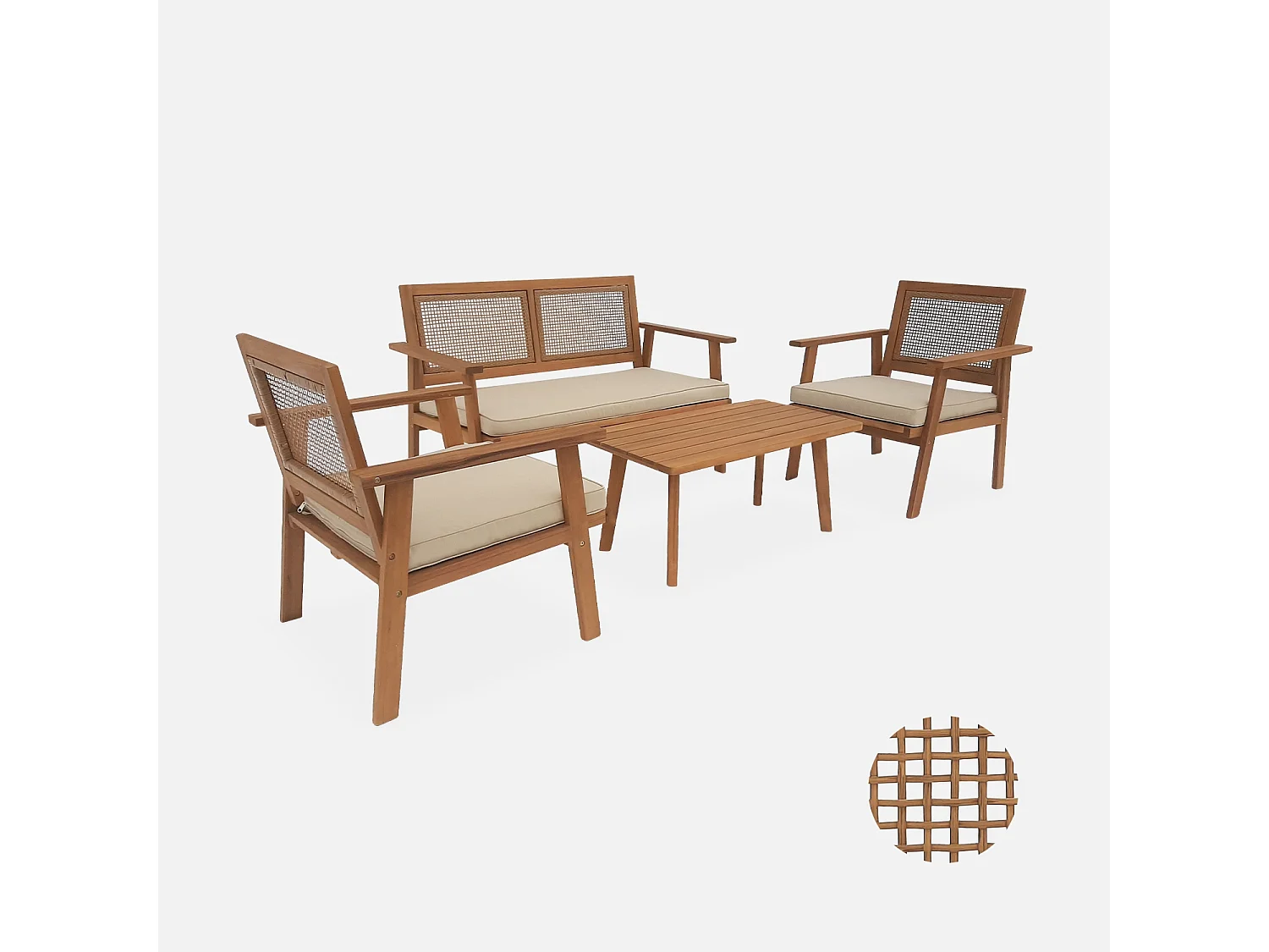 Conjunto de muebles de jardín en madera y caña cuadrada, 4 plazas