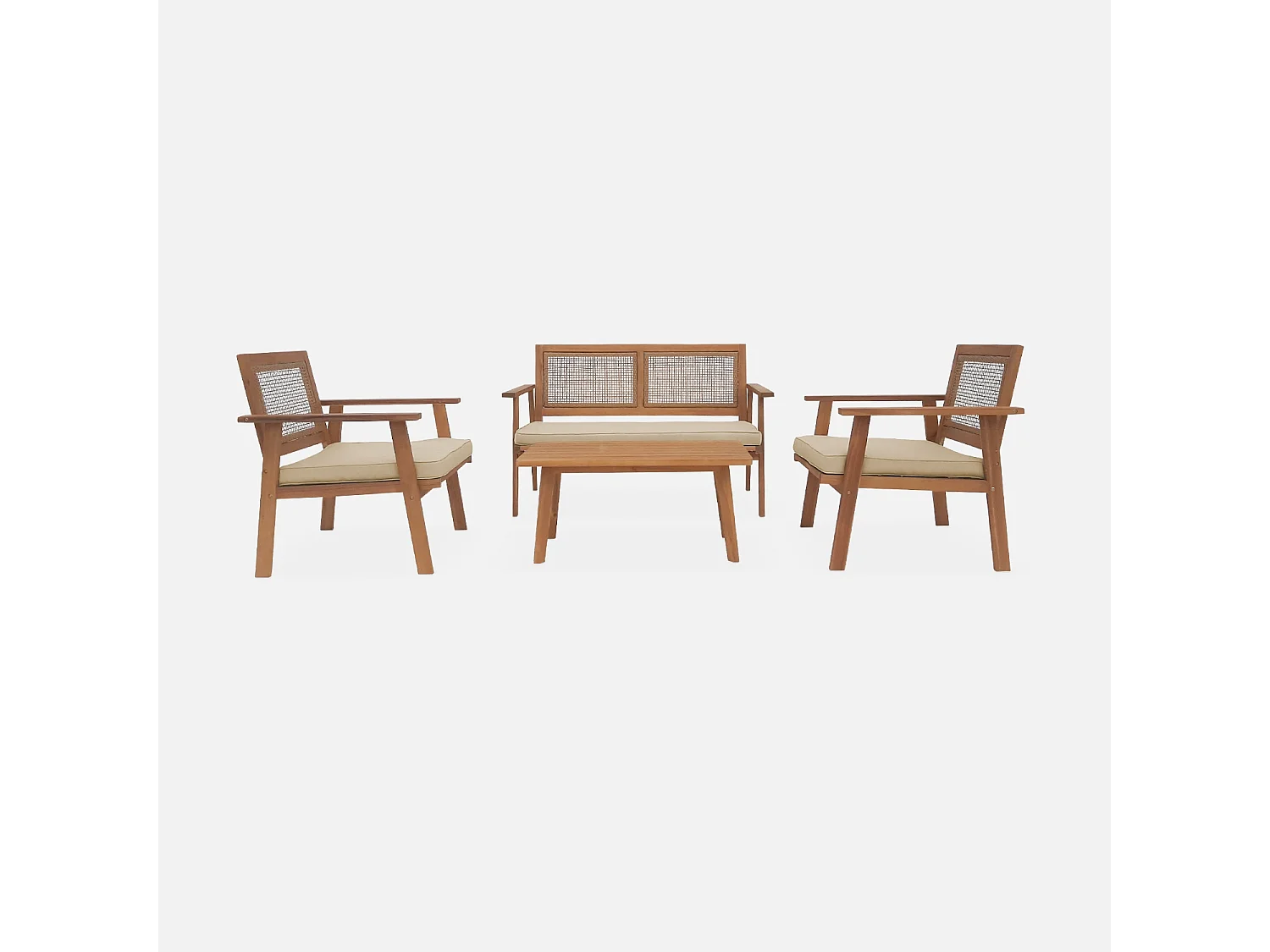 Conjunto de muebles de jardín en madera y caña cuadrada, 4 plazas