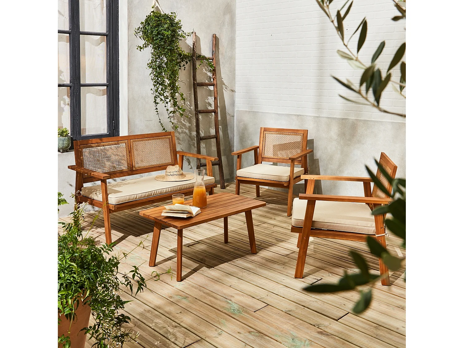 Conjunto de muebles de jardín en madera y caña cuadrada, 4 plazas