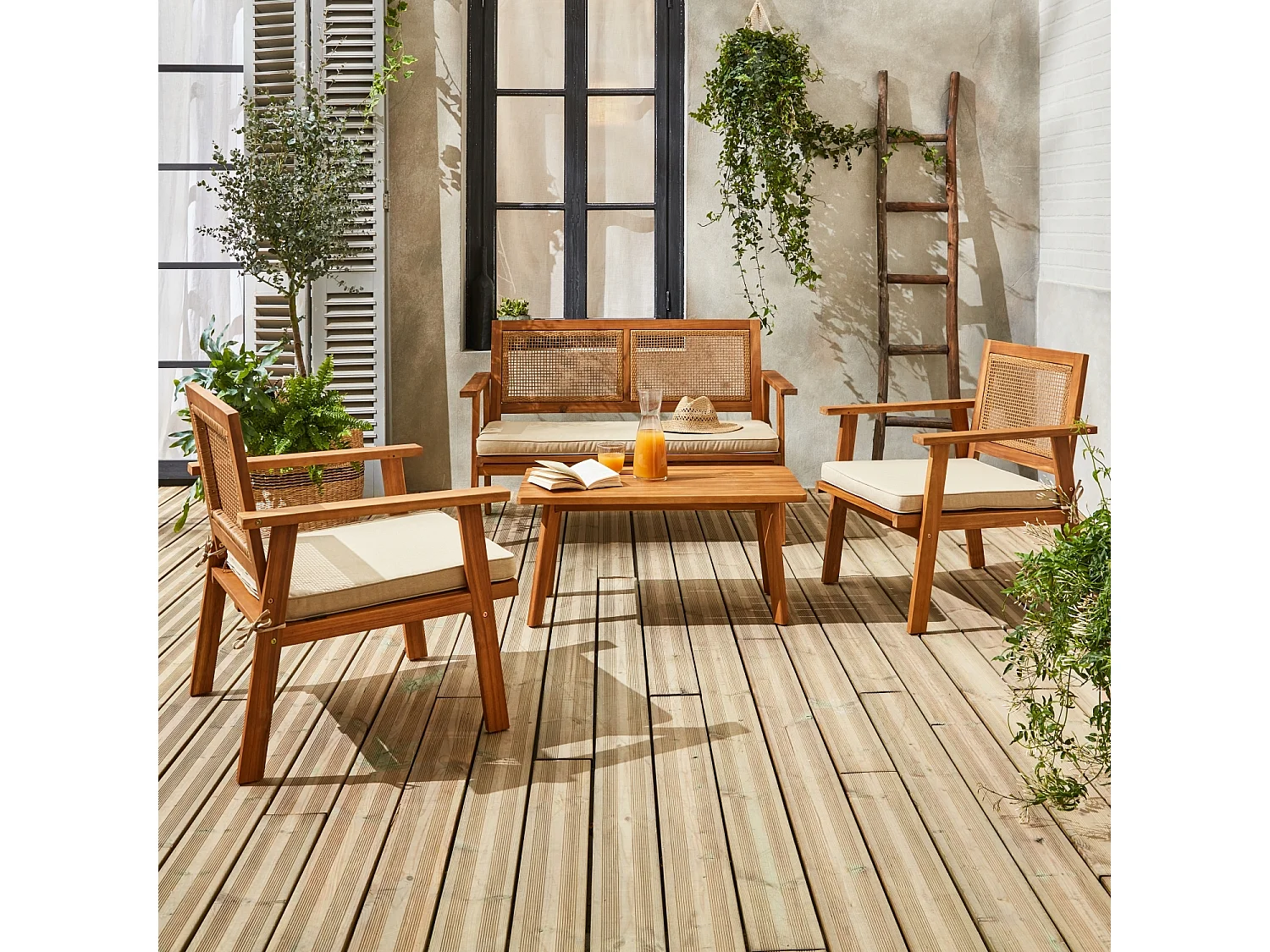 Conjunto de muebles de jardín en madera y caña cuadrada, 4 plazas