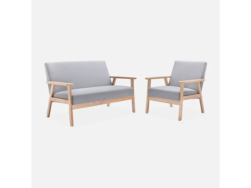 Banquette et fauteuil en bois et tissu gris clair. Isak. L 114 x l 69.5 x H 73cm