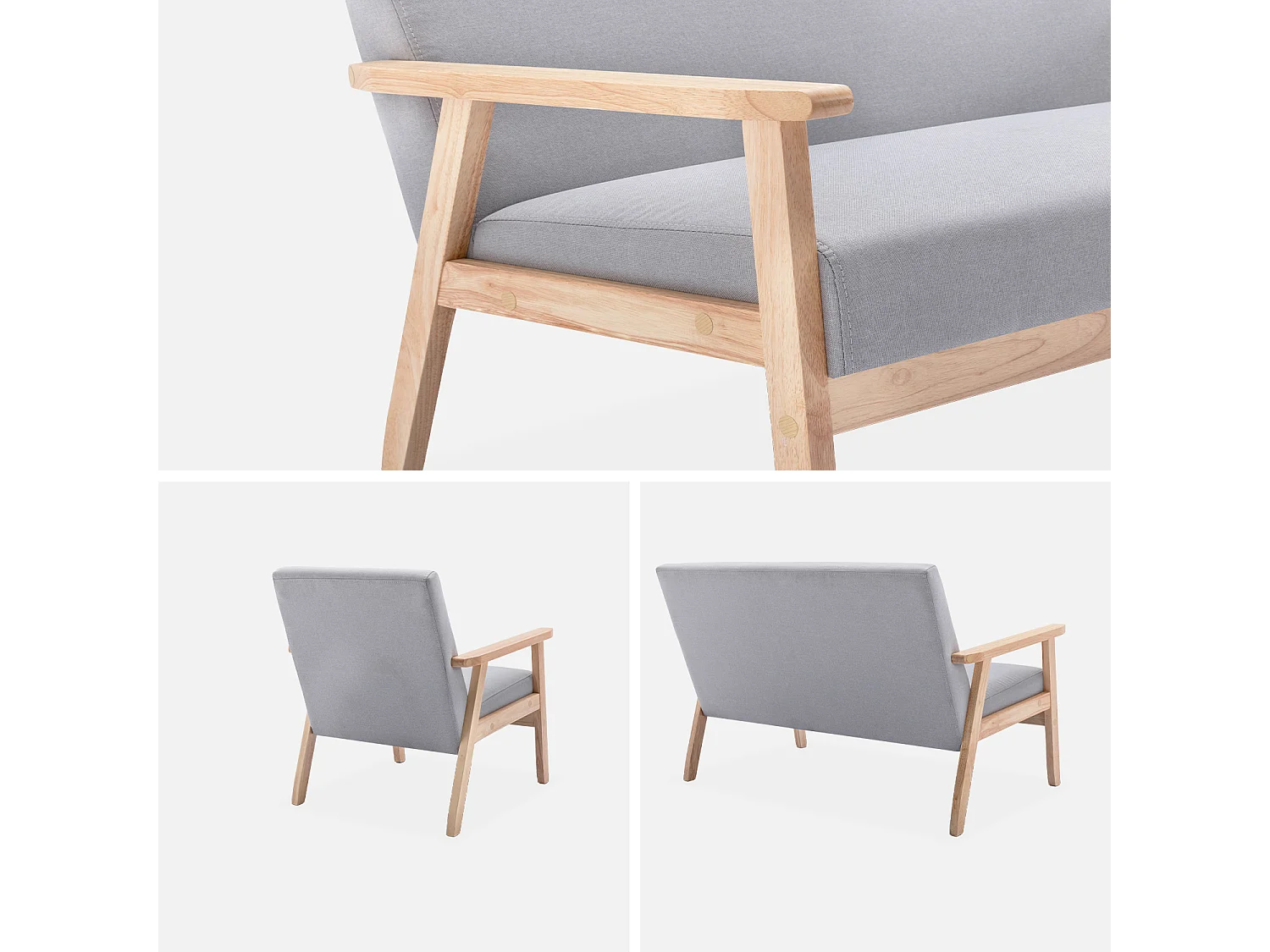 Panca e poltrona a 3 posti in legno e tessuto, grigio chiaro