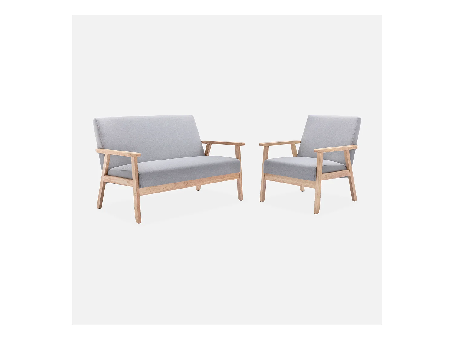 Banquette et fauteuil en bois et tissu gris clair. Isak. L 114 x l 69.5 x H 73cm