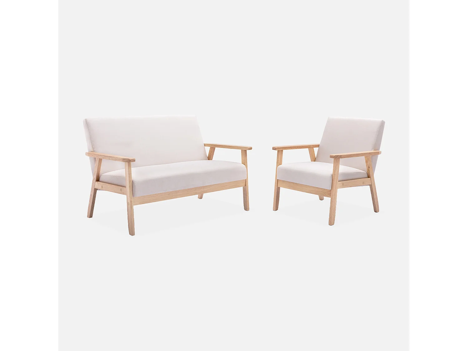 Banco y sillón de madera y tela, 3 plazas beige