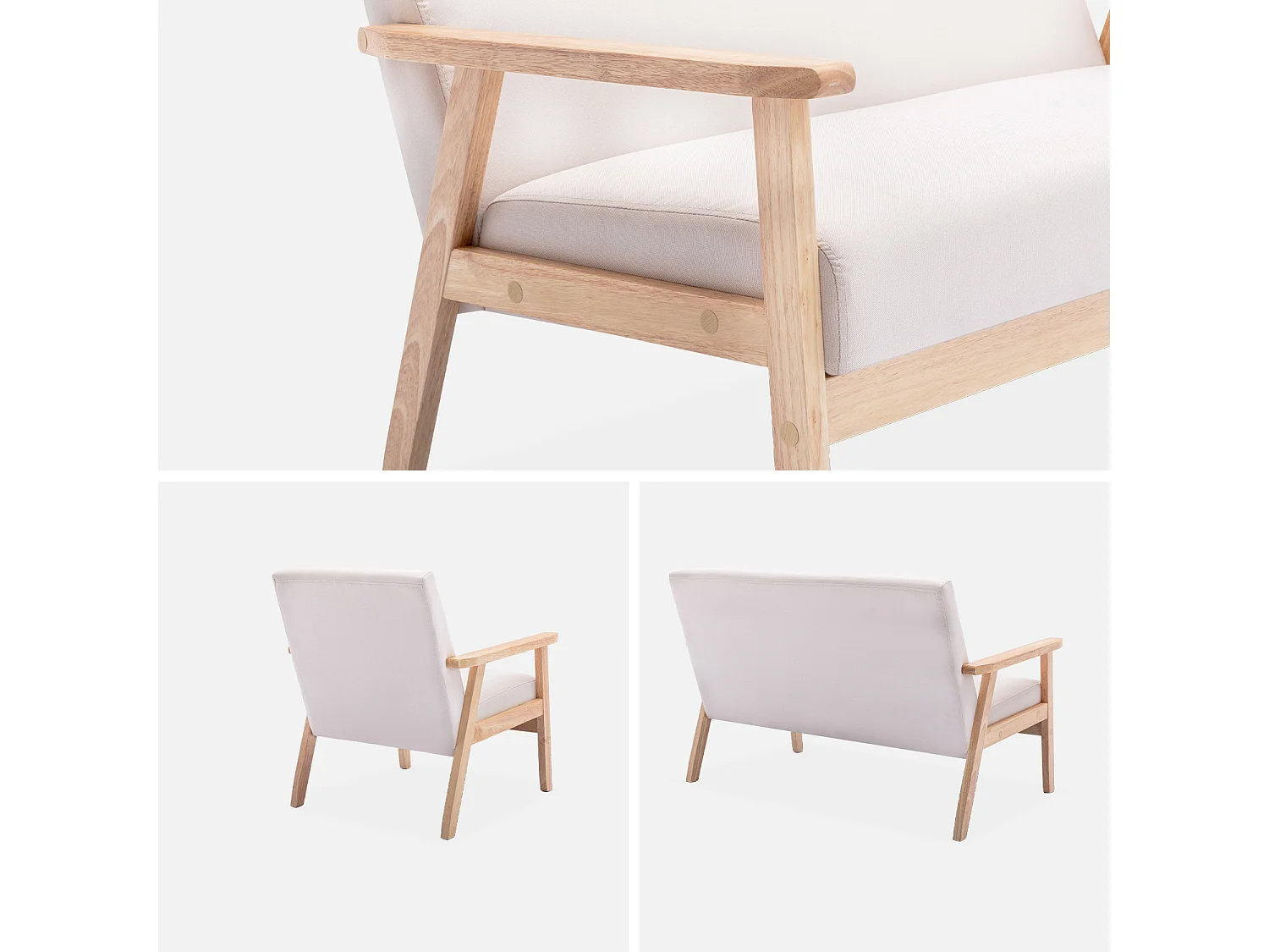 Banquette et fauteuil en bois et tissu crème. Isak. L 114 x l 69.5 x H 73cm