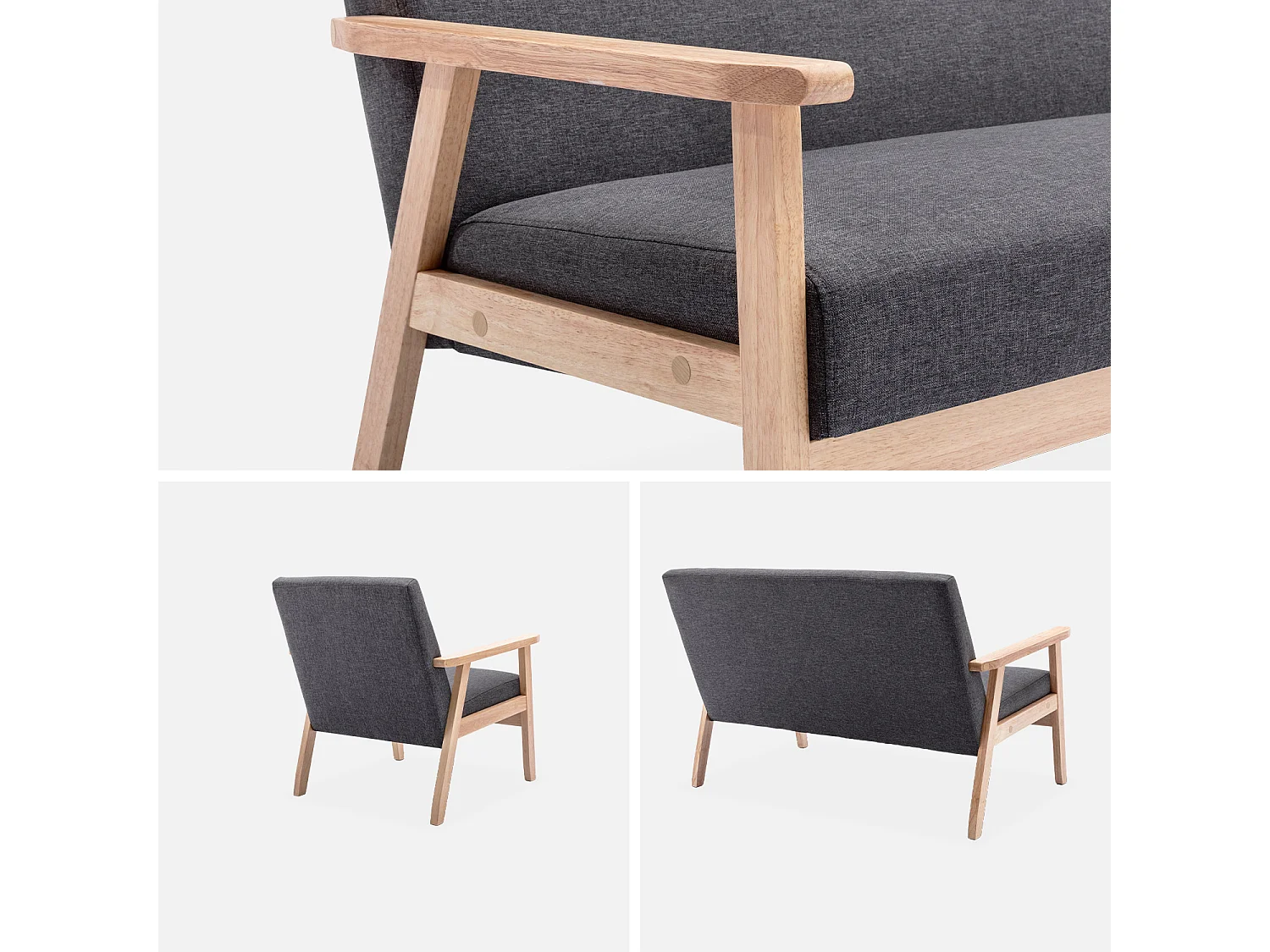 Banco y sillón de madera y tela, 3 plazas gris oscuro